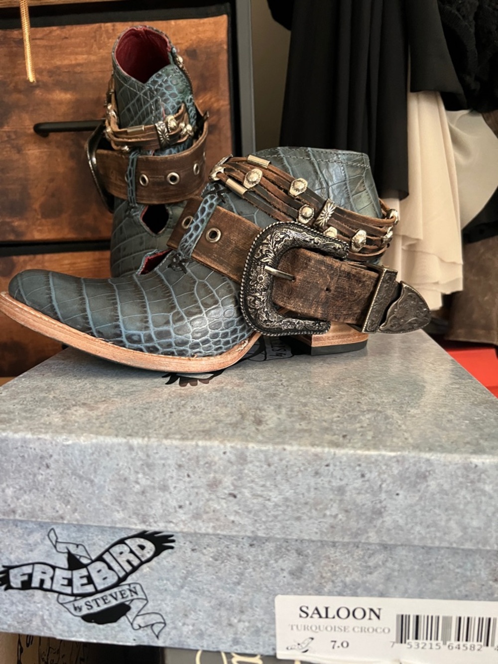 Freebird by Steven Turquoise Croc Western Buckle Ankle Boots